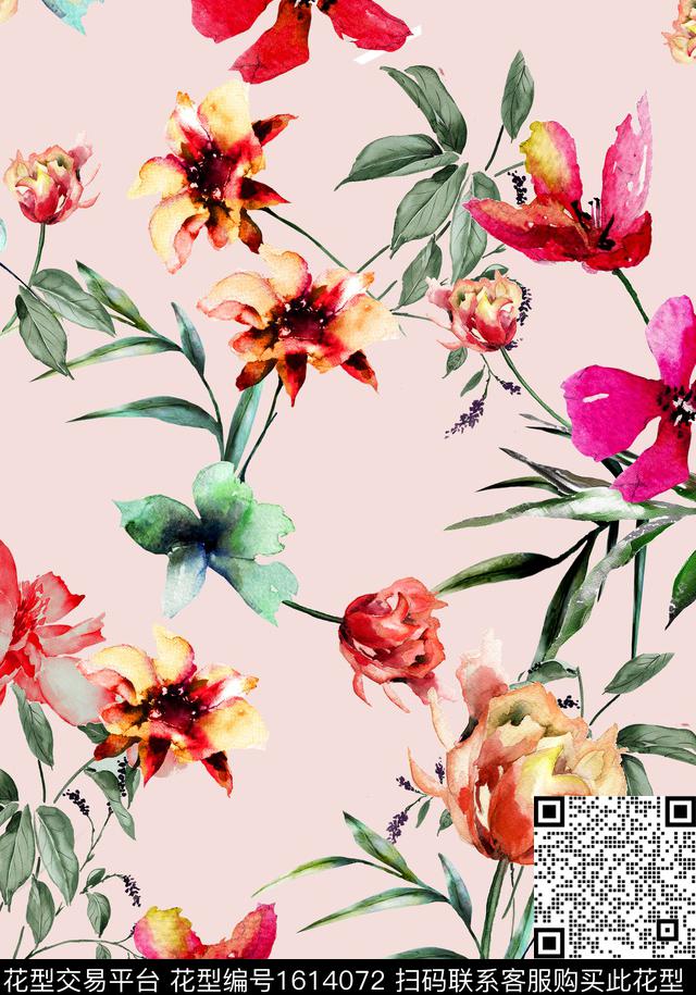 花卉水彩花卉清爽底花卉数码印花花型下载（图片编号: 1614072） - 瓦栏（Walan）