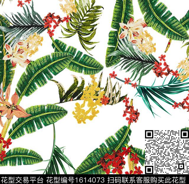 花卉热带花型棕榈叶数码印花花型下载（图片编号: 1614073） - 瓦栏（Walan）