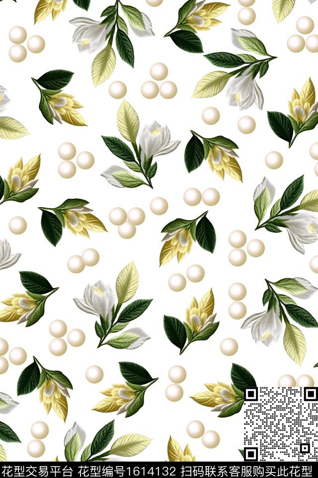 满版散花波点绿植树叶数码印花花型下载（图片编号: 1614132） - 瓦栏（Walan）