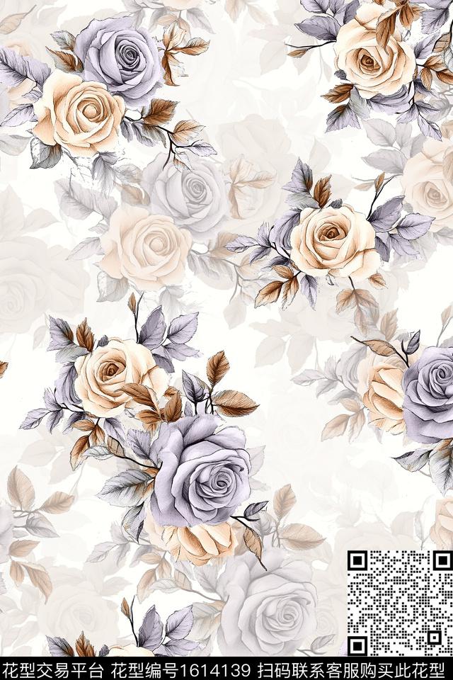 影花花卉手绘数码印花花型下载（图片编号: 1614139） - 瓦栏（Walan）
