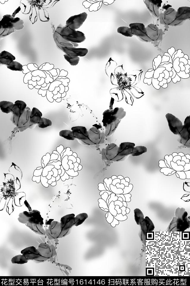 满版散花渐变黑白花型数码印花花型下载（图片编号: 1614146） - 瓦栏（Walan）