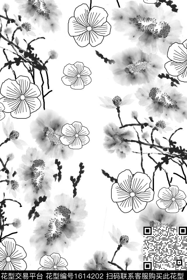 满版散花水墨风线条花卉数码印花花型下载（图片编号: 1614202） - 瓦栏（Walan）