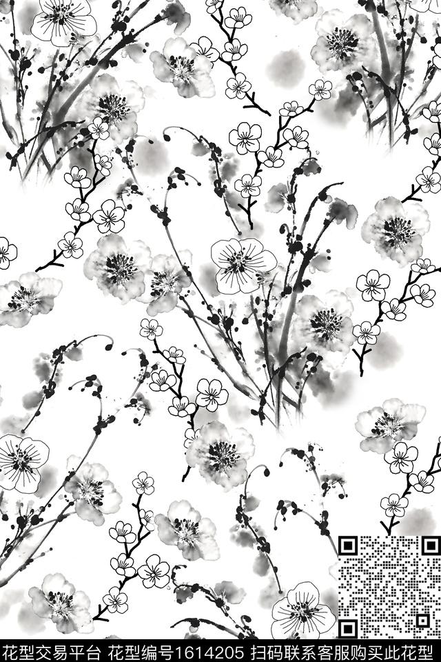 梅花水墨风黑白花型数码印花花型下载（图片编号: 1614205） - 瓦栏（Walan）