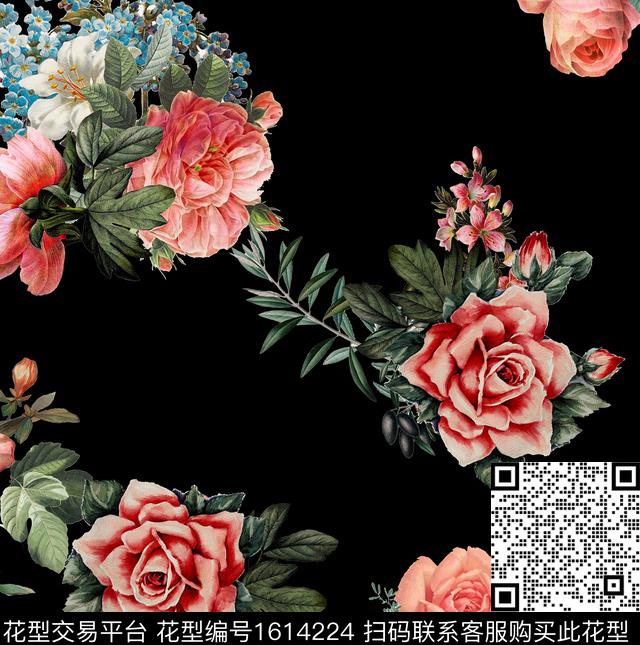 花卉复古黑底花卉数码印花花型下载（图片编号: 1614224） - 瓦栏（Walan）