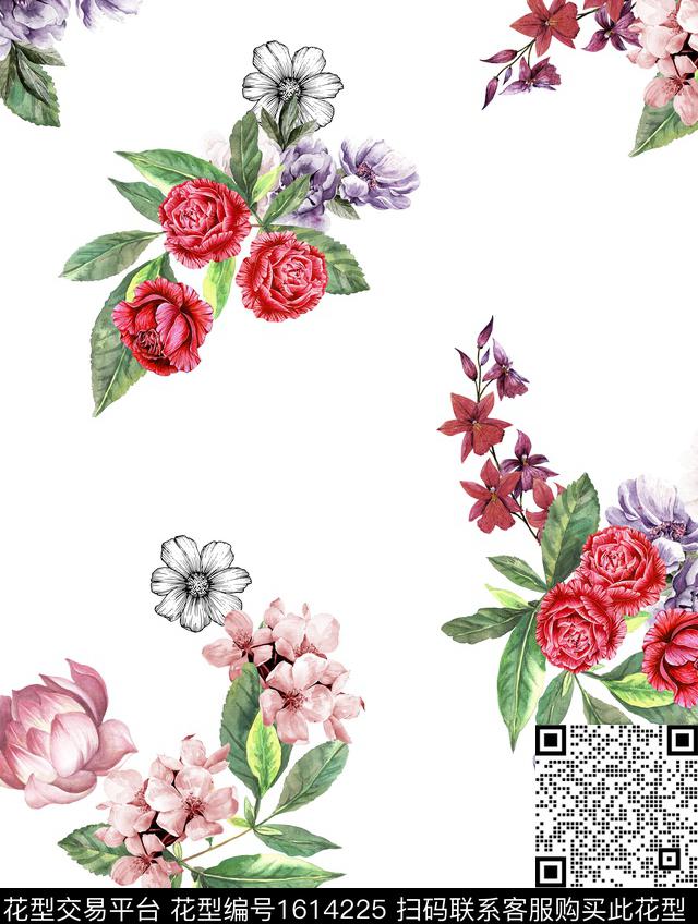 清爽底花卉绿植树叶大花数码印花花型下载（图片编号: 1614225） - 瓦栏（Walan）