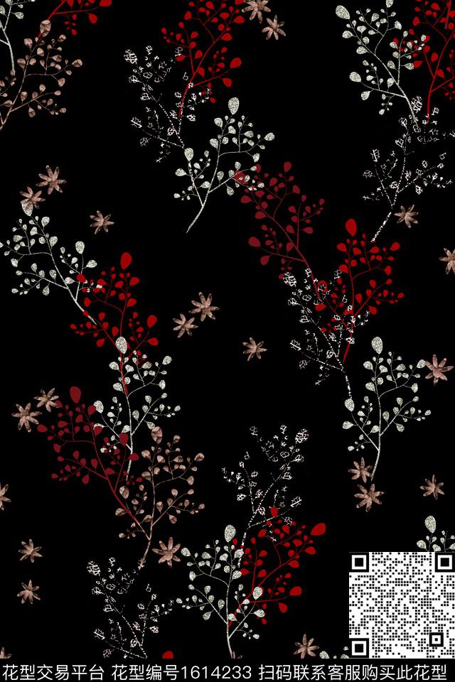 黑底花卉花卉中老年数码印花花型下载（图片编号: 1614233） - 瓦栏（Walan）
