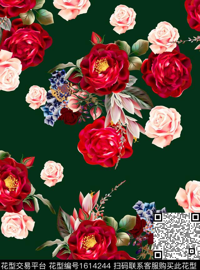 花卉玫瑰花中老年数码印花花型下载（图片编号: 1614244） - 瓦栏（Walan）