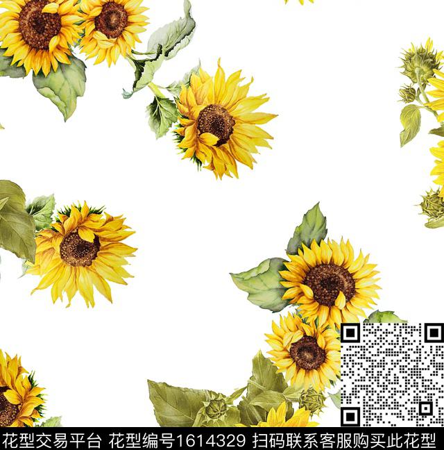 向日葵花卉清爽底花卉数码印花花型下载（图片编号: 1614329） - 瓦栏（Walan）