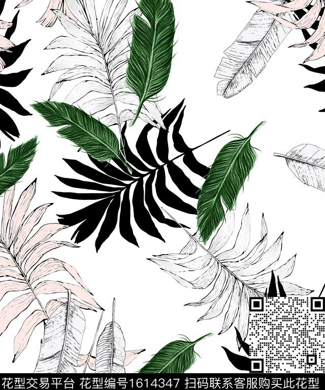 羽毛棕榈叶热带花型数码印花花型下载（图片编号: 1614347） - 瓦栏（Walan）