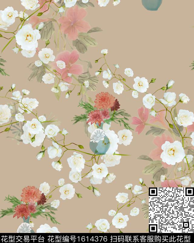 花卉复古中国风数码印花花型下载（图片编号: 1614376） - 瓦栏（Walan）