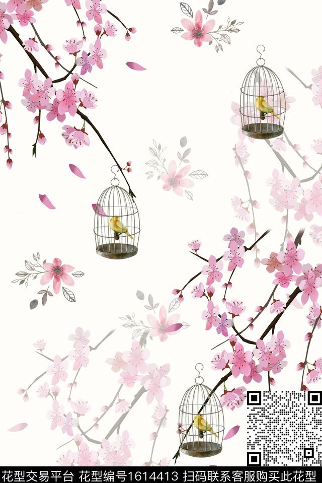 花卉枝条花鸟笼数码印花花型下载（图片编号: 1614413） - 瓦栏（Walan）