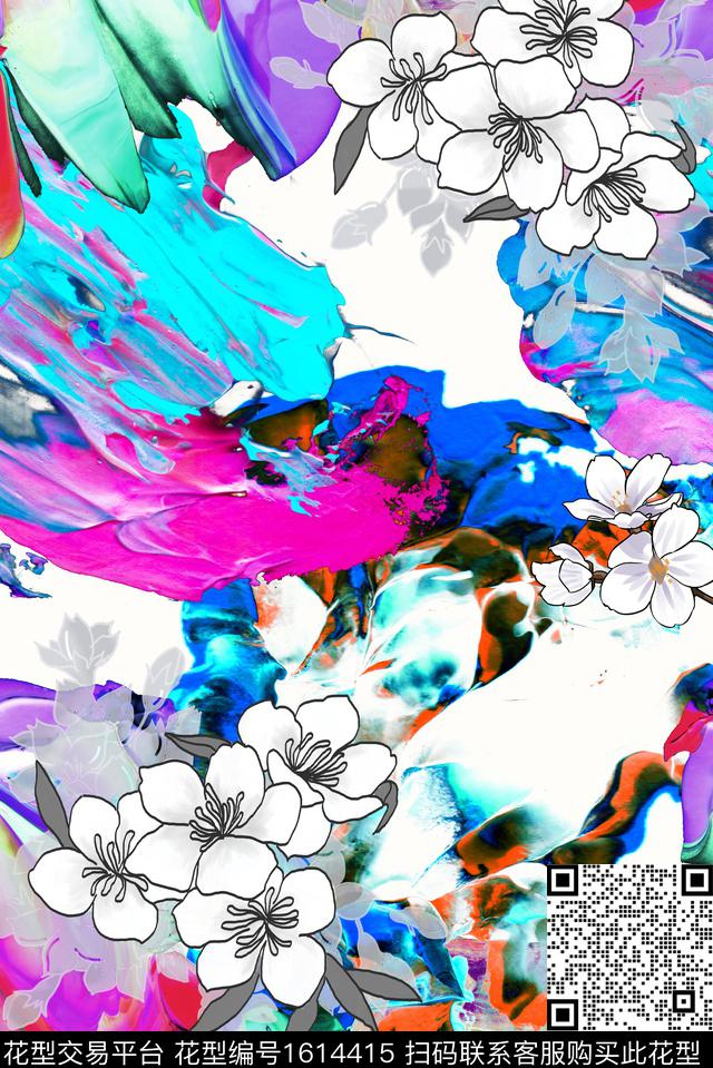 晕染肌理线条花卉笔触数码印花花型下载（图片编号: 1614415） - 瓦栏（Walan）