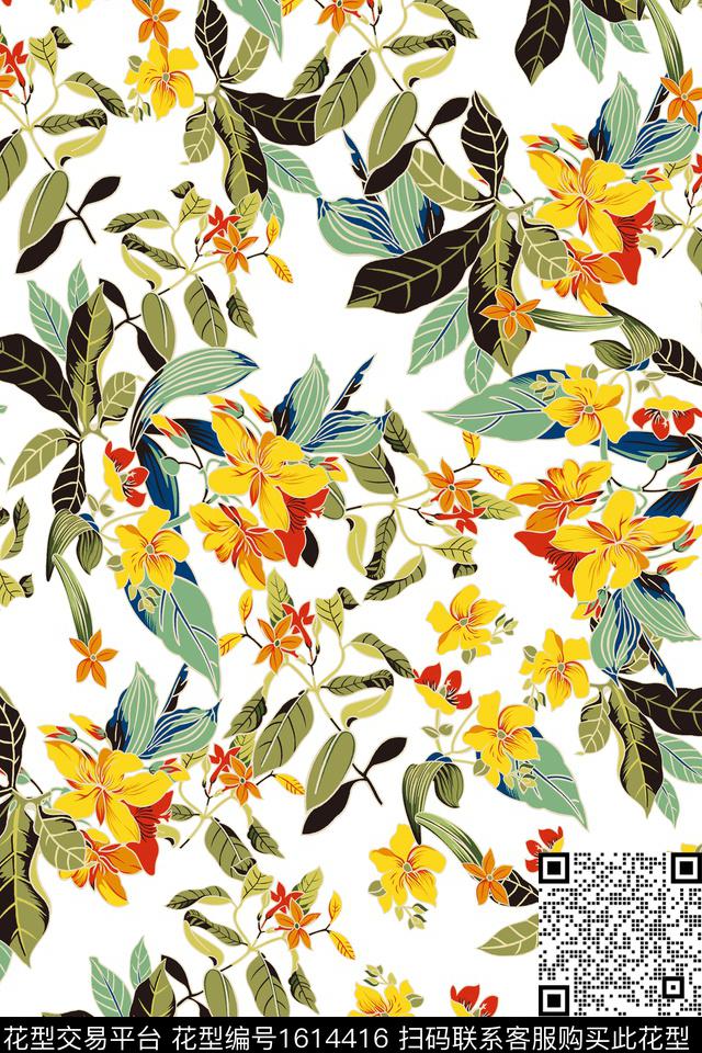 花卉绿植树叶清爽底花卉数码印花花型下载（图片编号: 1614416） - 瓦栏（Walan）