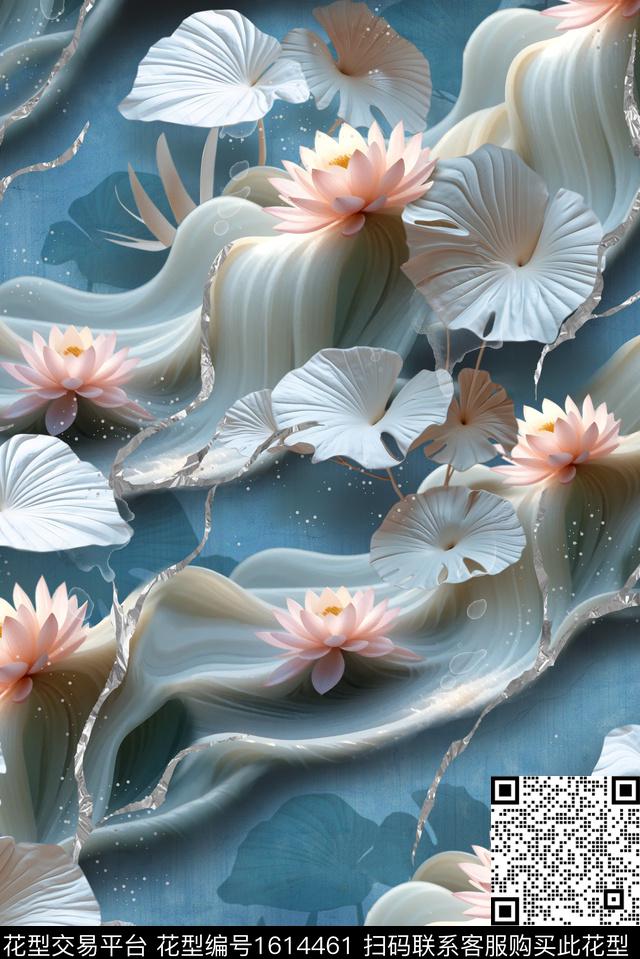 荷花中国风3D立体数码印花花型下载（图片编号: 1614461） - 瓦栏（Walan）
