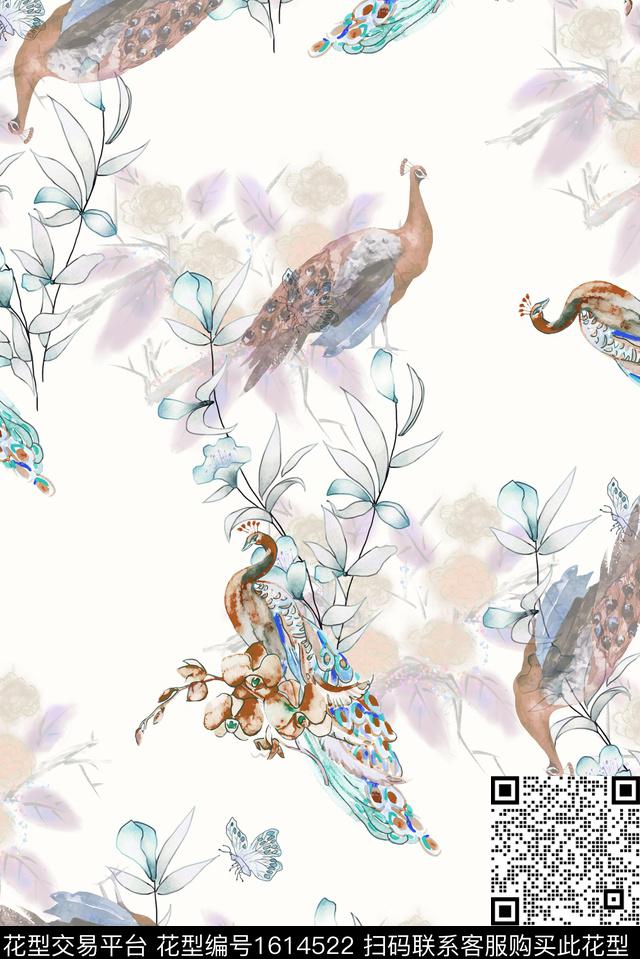 水彩孔雀花卉数码印花花型下载（图片编号: 1614522） - 瓦栏（Walan）