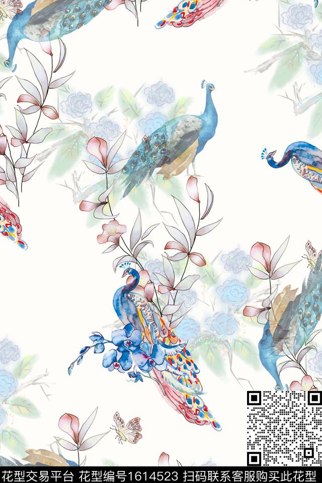 民族风孔雀水彩花卉数码印花花型下载（图片编号: 1614523） - 瓦栏（Walan）
