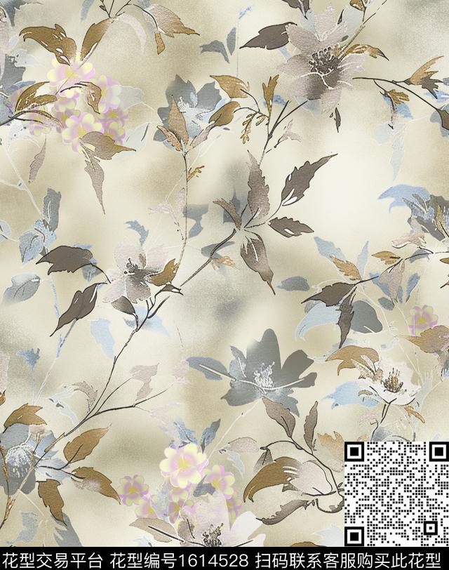 晕染底纹花卉影花数码印花花型下载（图片编号: 1614528） - 瓦栏（Walan）