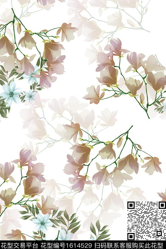 花卉影花手绘数码印花花型下载（图片编号: 1614529） - 瓦栏（Walan）