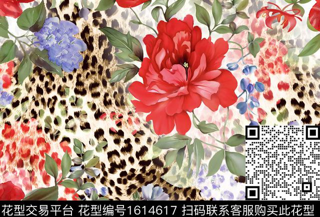 豹纹渐变花卉数码印花花型下载（图片编号: 1614617） - 瓦栏（Walan）