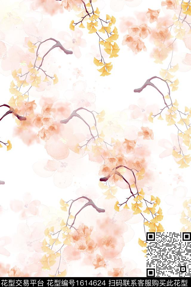 花卉枝条花水彩花卉数码印花花型下载（图片编号: 1614624） - 瓦栏（Walan）