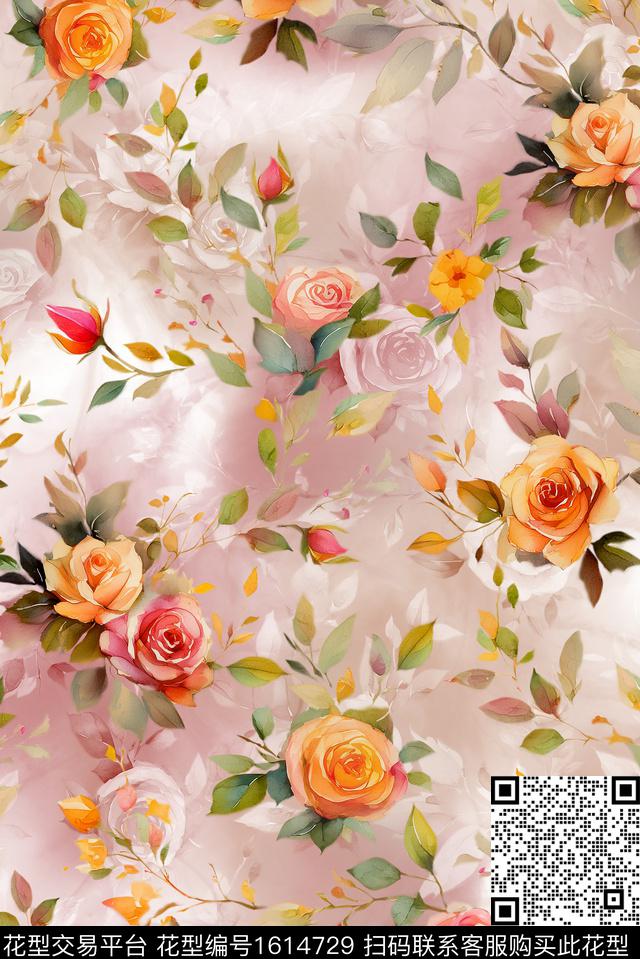 花卉手绘影花数码印花花型下载（图片编号: 1614729） - 瓦栏（Walan）