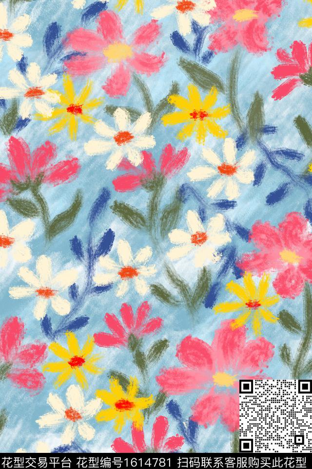 花卉笔触油画花型数码印花花型下载（图片编号: 1614781） - 瓦栏（Walan）