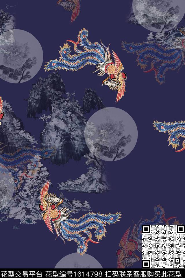 中国风凤凰山川数码印花花型下载（图片编号: 1614798） - 瓦栏（Walan）