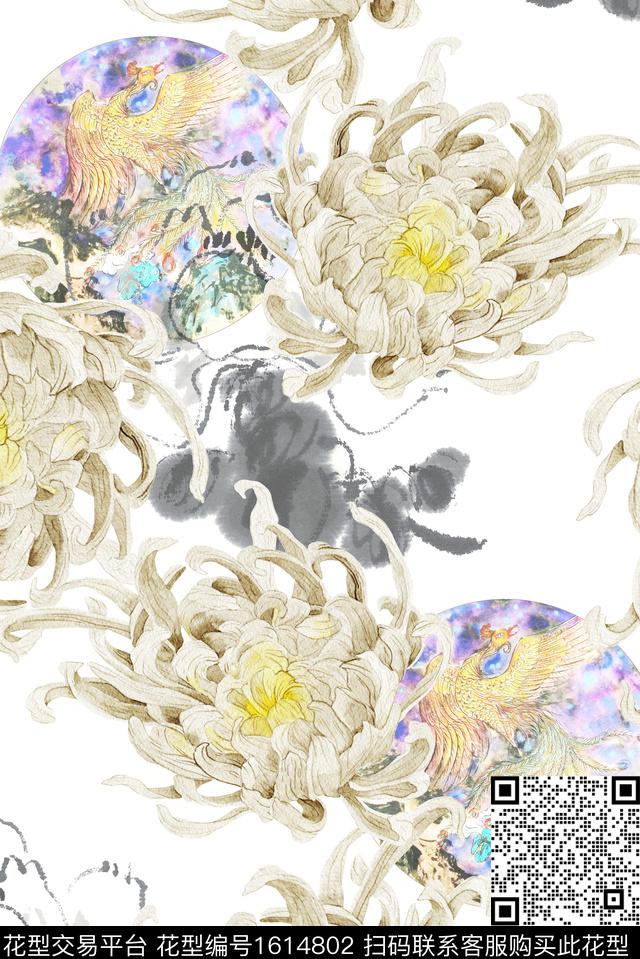 大花中国风菊花数码印花花型下载（图片编号: 1614802） - 瓦栏（Walan）
