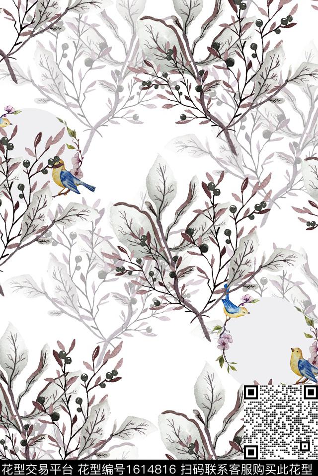 花卉影花花鸟数码印花花型下载（图片编号: 1614816） - 瓦栏（Walan）