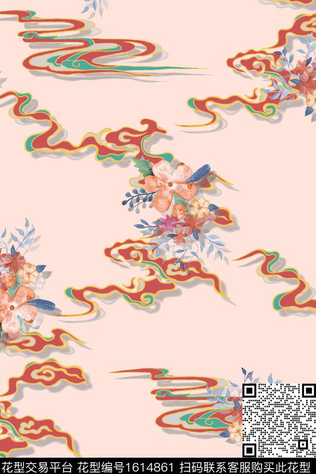 花卉飘带中国风数码印花花型下载（图片编号: 1614861） - 瓦栏（Walan）