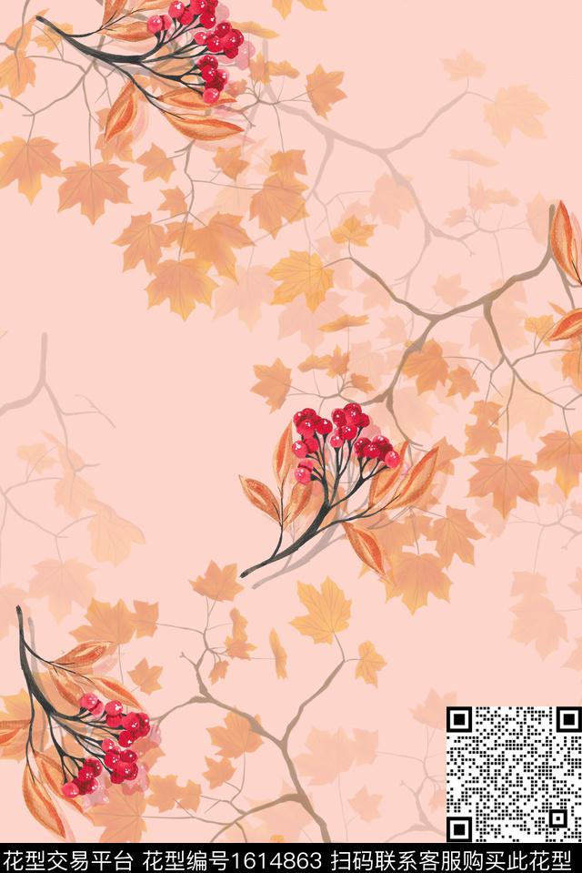 花卉枫叶影花数码印花花型下载（图片编号: 1614863） - 瓦栏（Walan）