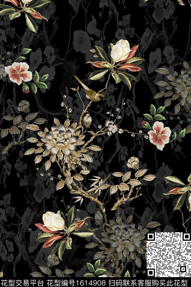花卉黑底花卉影花数码印花花型下载（图片编号: 1614908） - 瓦栏（Walan）