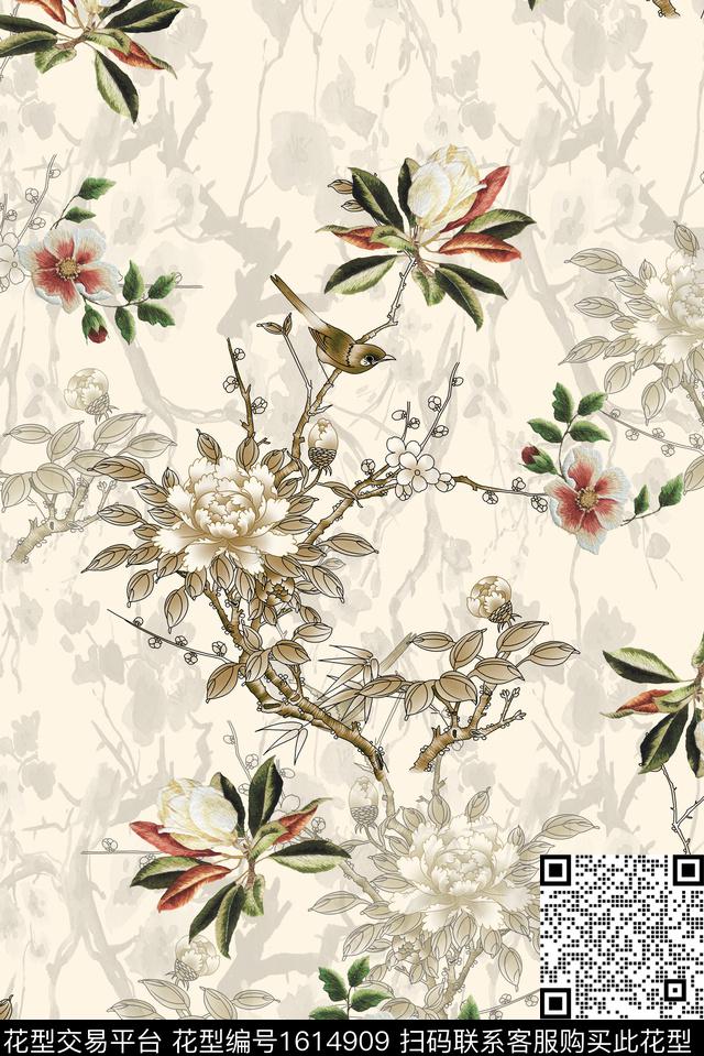 菊花古典花纹水彩花卉数码印花花型下载（图片编号: 1614909） - 瓦栏（Walan）