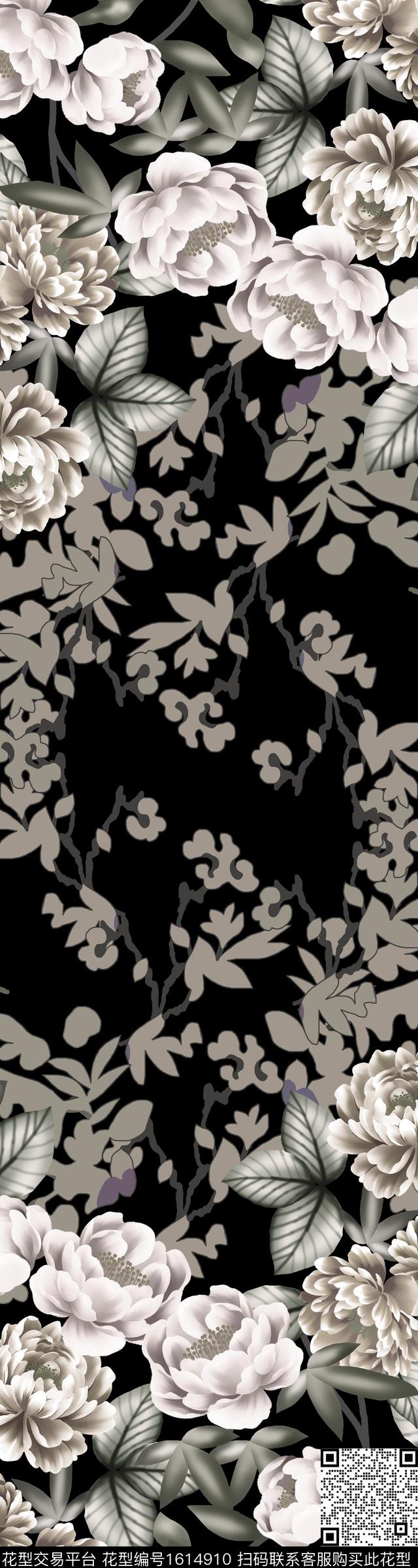 满版散花花卉黑底花卉数码印花花型下载（图片编号: 1614910） - 瓦栏（Walan）