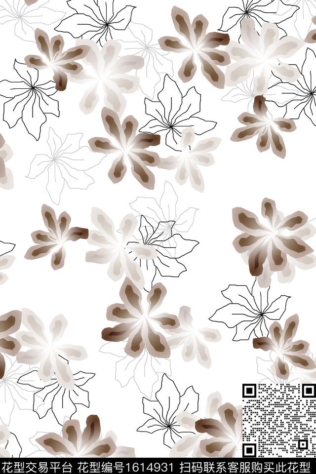 满版散花手绘花卉线条花卉数码印花花型下载（图片编号: 1614931） - 瓦栏（Walan）