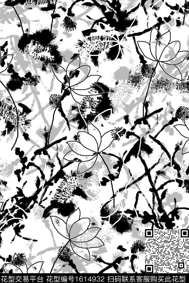 黑白花型荷花线条花卉传统印花花型下载（图片编号: 1614932） - 瓦栏（Walan）
