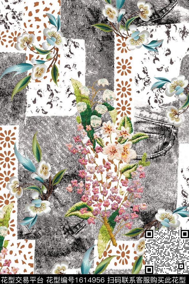 绣花花型花卉混合拼接数码印花花型下载（图片编号: 1614956） - 瓦栏（Walan）