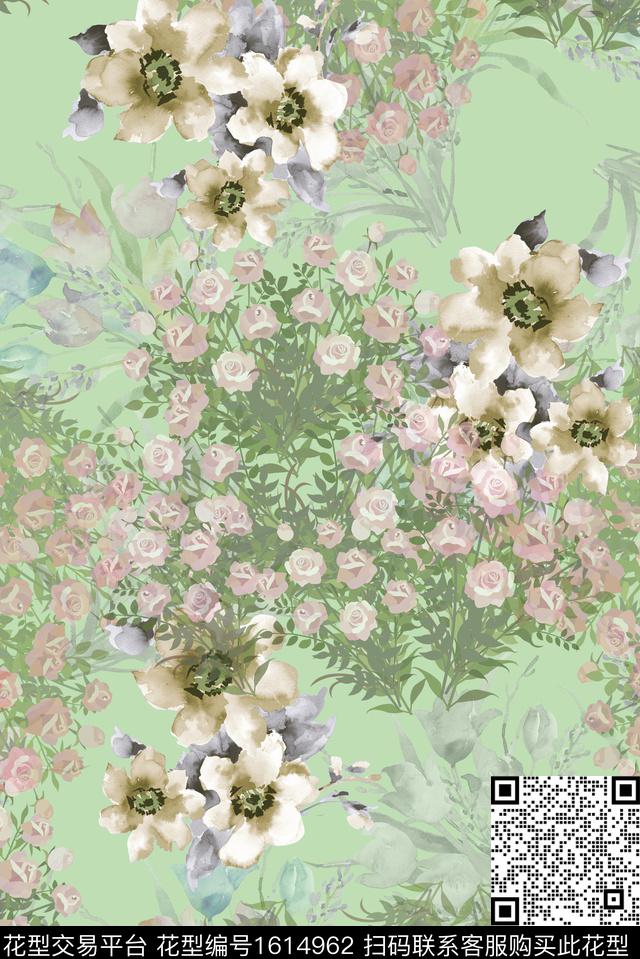 小碎花水彩花卉绿植树叶数码印花花型下载（图片编号: 1614962） - 瓦栏（Walan）