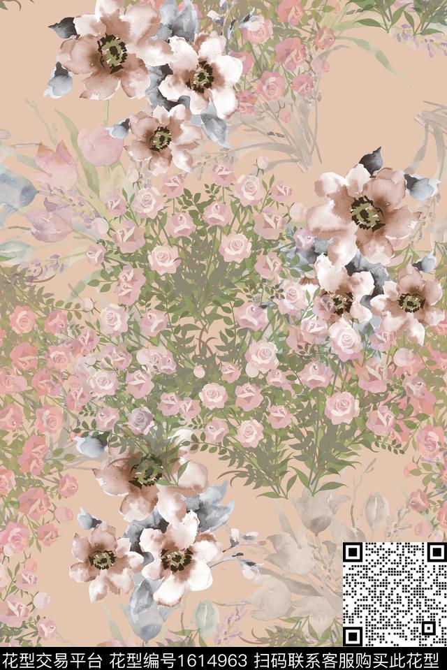花卉绿植树叶满版散花数码印花花型下载（图片编号: 1614963） - 瓦栏（Walan）