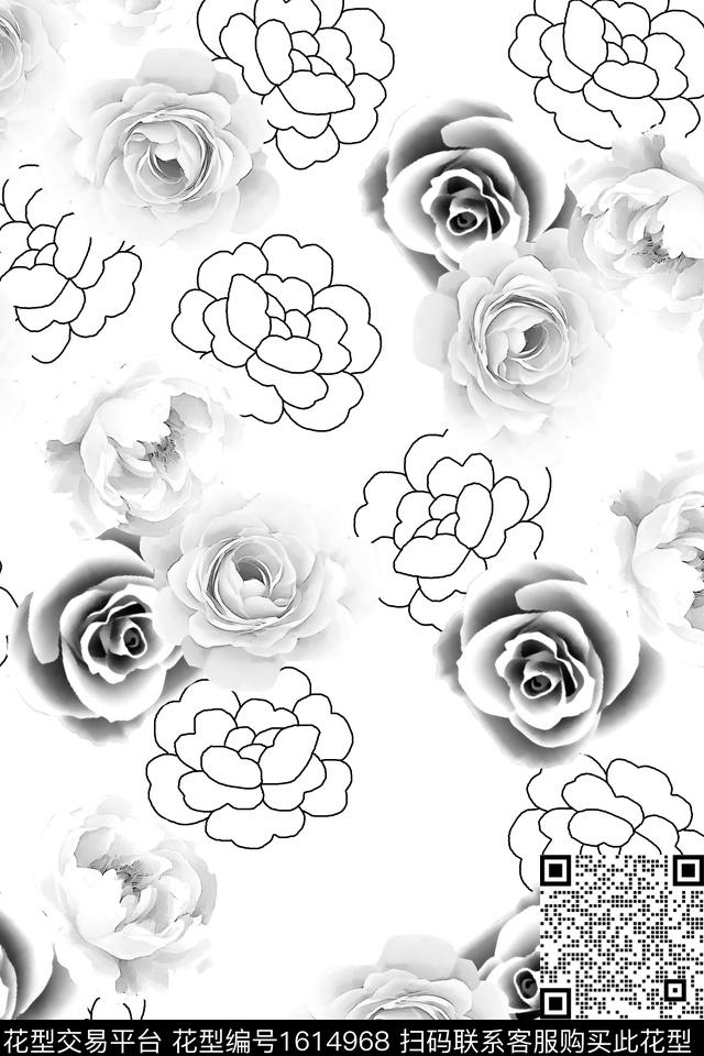 花卉黑白花型线条花卉数码印花花型下载（图片编号: 1614968） - 瓦栏（Walan）