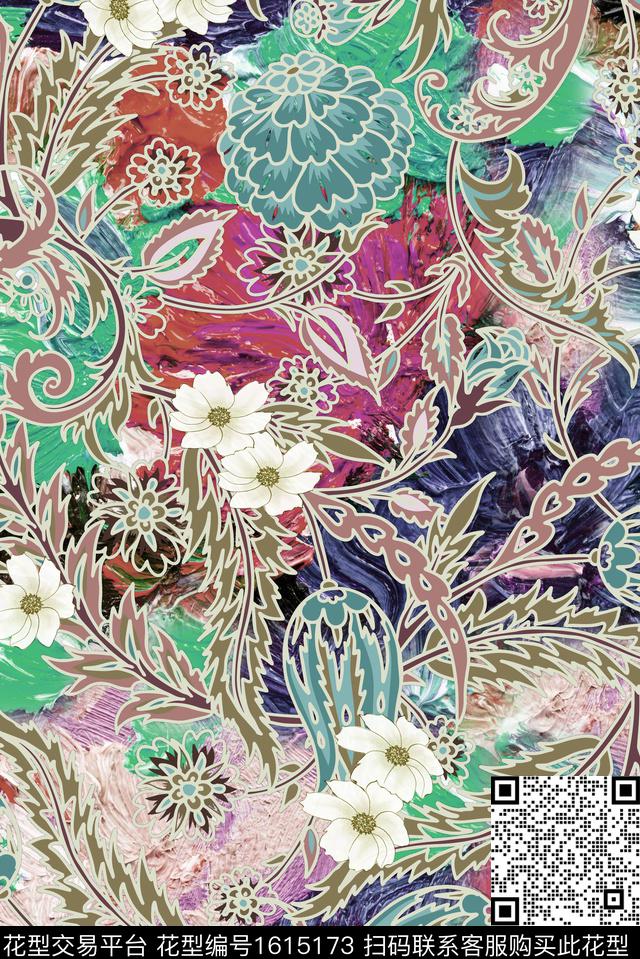 花卉民族花卉绿植树叶数码印花花型下载（图片编号: 1615173） - 瓦栏（Walan）