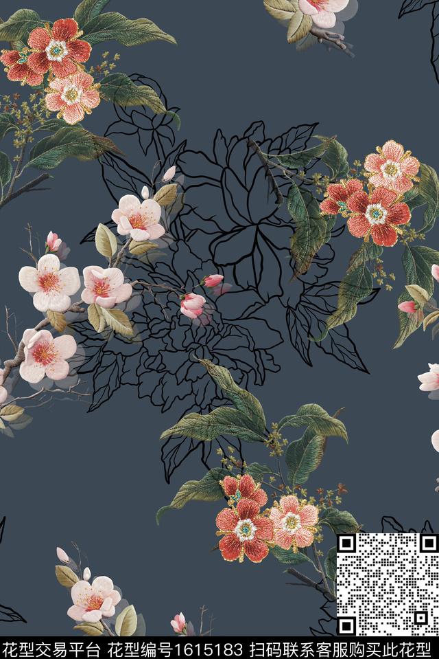 花卉线条花卉绣花花型数码印花花型下载（图片编号: 1615183） - 瓦栏（Walan）