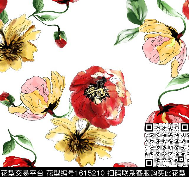水彩花卉花卉清爽底花卉数码印花花型下载（图片编号: 1615210） - 瓦栏（Walan）
