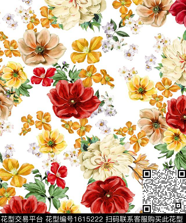 水彩花卉复古数码印花花型下载（图片编号: 1615222） - 瓦栏（Walan）