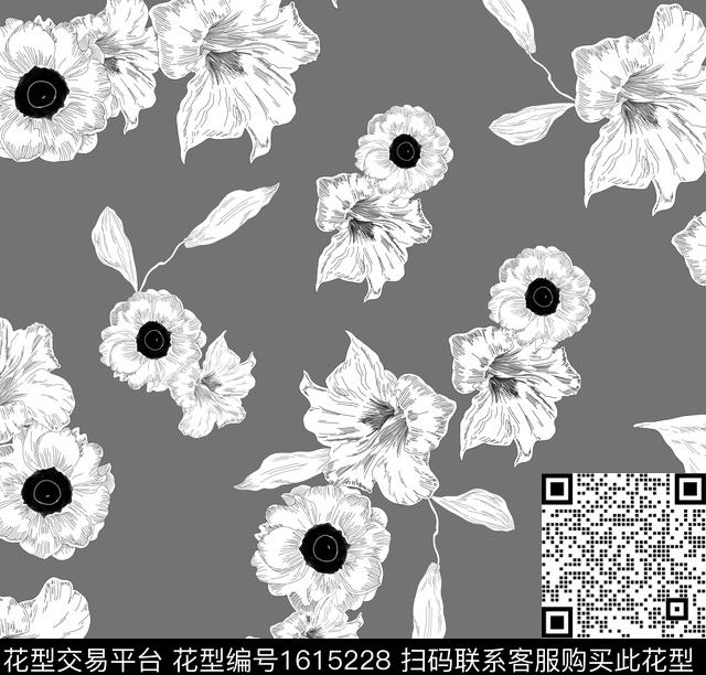 花卉黑白灰清爽底花卉传统印花花型下载（图片编号: 1615228） - 瓦栏（Walan）