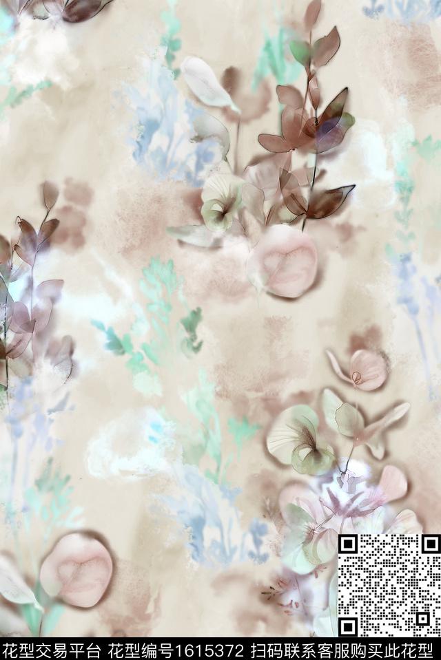 花卉水彩植物水墨渲染数码印花花型下载（图片编号: 1615372） - 瓦栏（Walan）