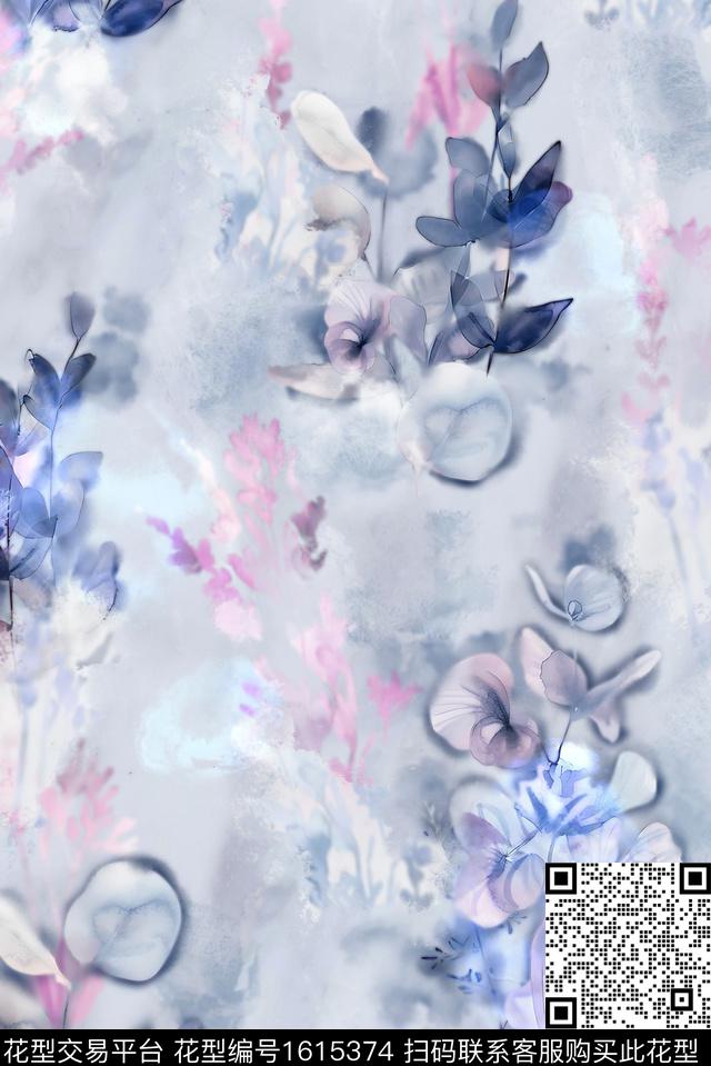 花卉水墨渲染渐变数码印花花型下载（图片编号: 1615374） - 瓦栏（Walan）