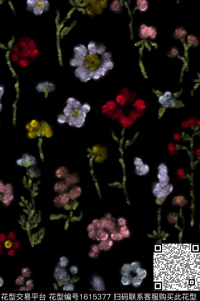 黑底花卉小碎花模糊花卉数码印花花型下载（图片编号: 1615377） - 瓦栏（Walan）