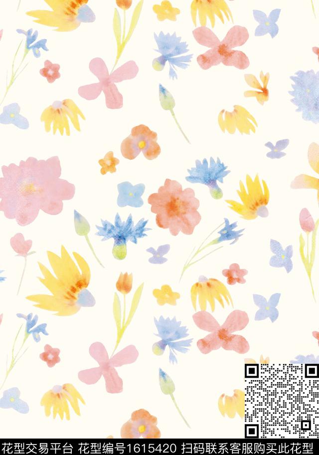 小碎花花卉清爽底花卉数码印花花型下载（图片编号: 1615420） - 瓦栏（Walan）