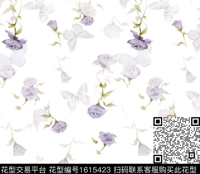 花卉影花蝴蝶数码印花花型下载（图片编号: 1615423） - 瓦栏（Walan）